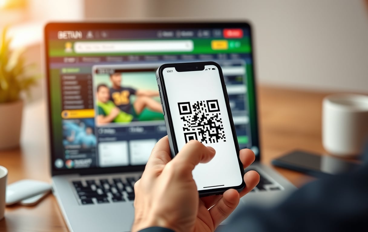 Person med mobil som skanner QR-kode for Bitcoin-innskudd på en bettingside.