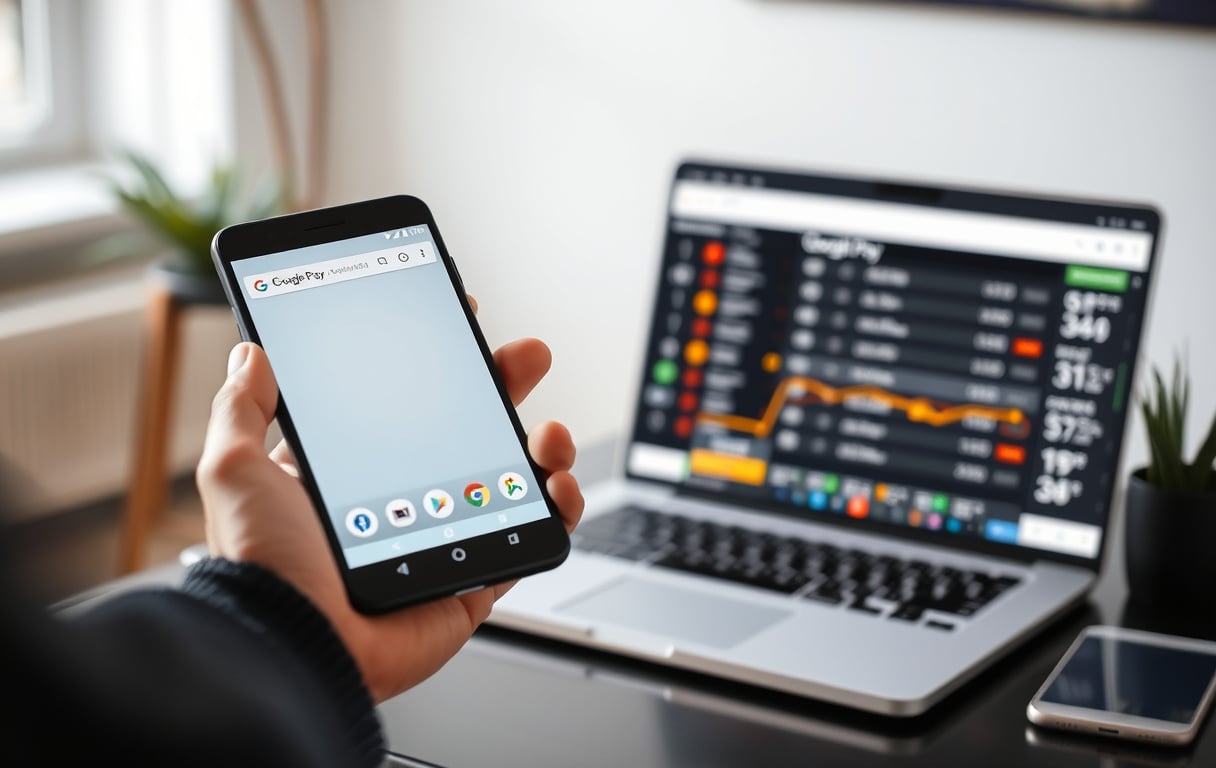 Person med Android-telefon som viser Google Pay for betting, med odds på skjermen i bakgrunnen