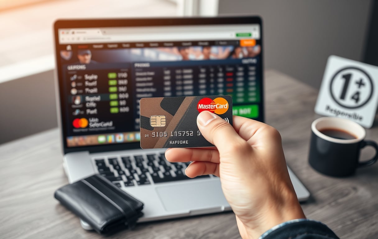 Person som holder et Mastercard debetkort foran en laptop med en sportsbook på skjermen