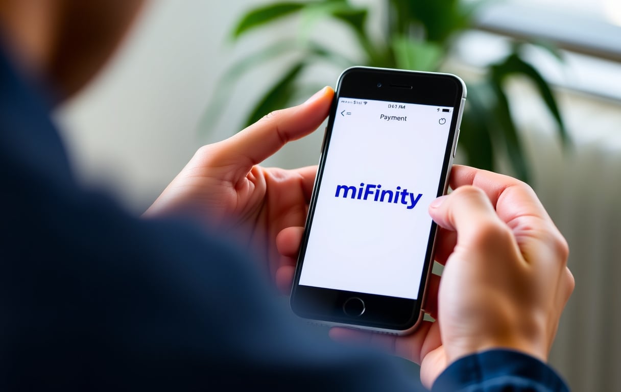 Person som betaler på en bettingside med MiFinity-appen på mobilen