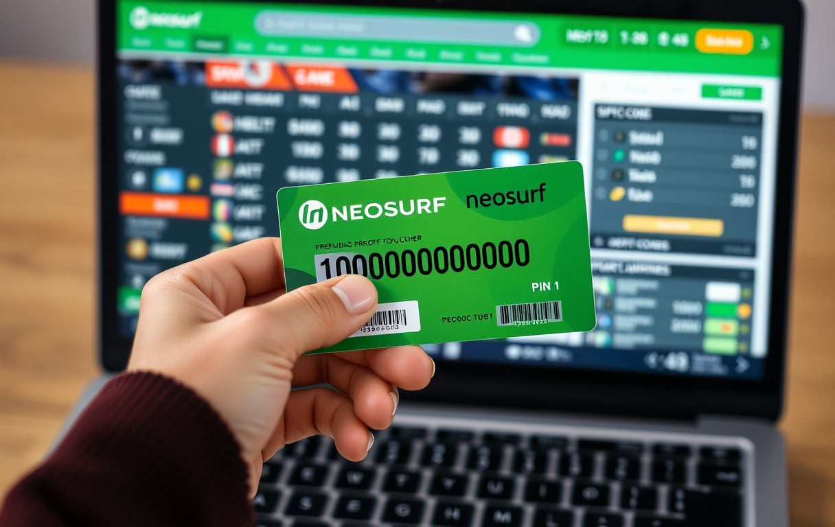 Neosurf forhåndsbetalt kupong med PIN-kode foran en laptop med odds