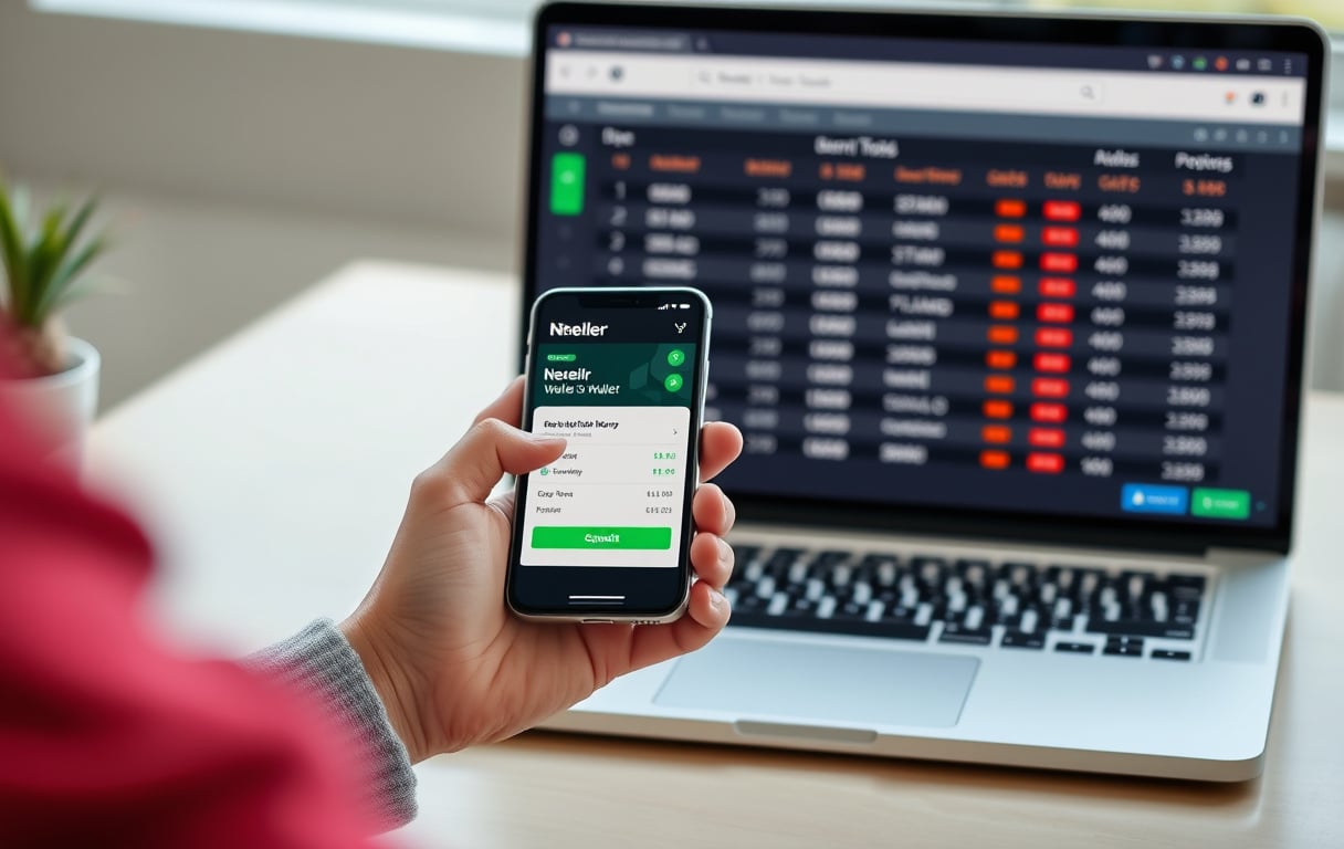 Person som setter inn penger via Neteller på en bettingside med mobilen.