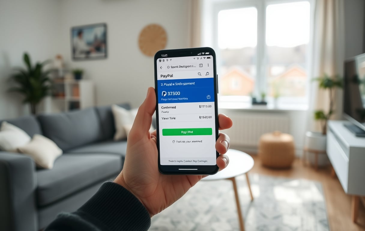 Person med smarttelefon som viser PayPal-betaling for sportsbetting.