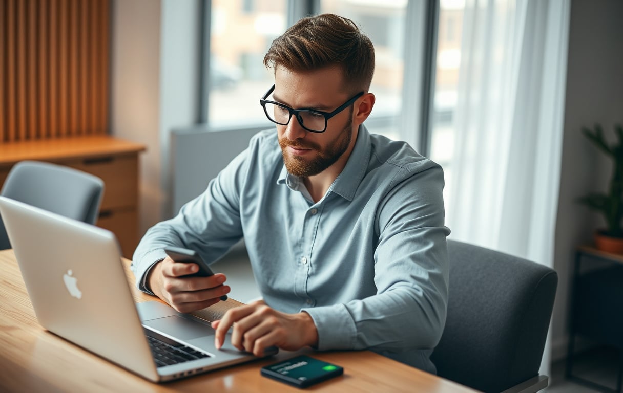 Bettingspiller holder Paysafecard-kort foran laptop med bettingside