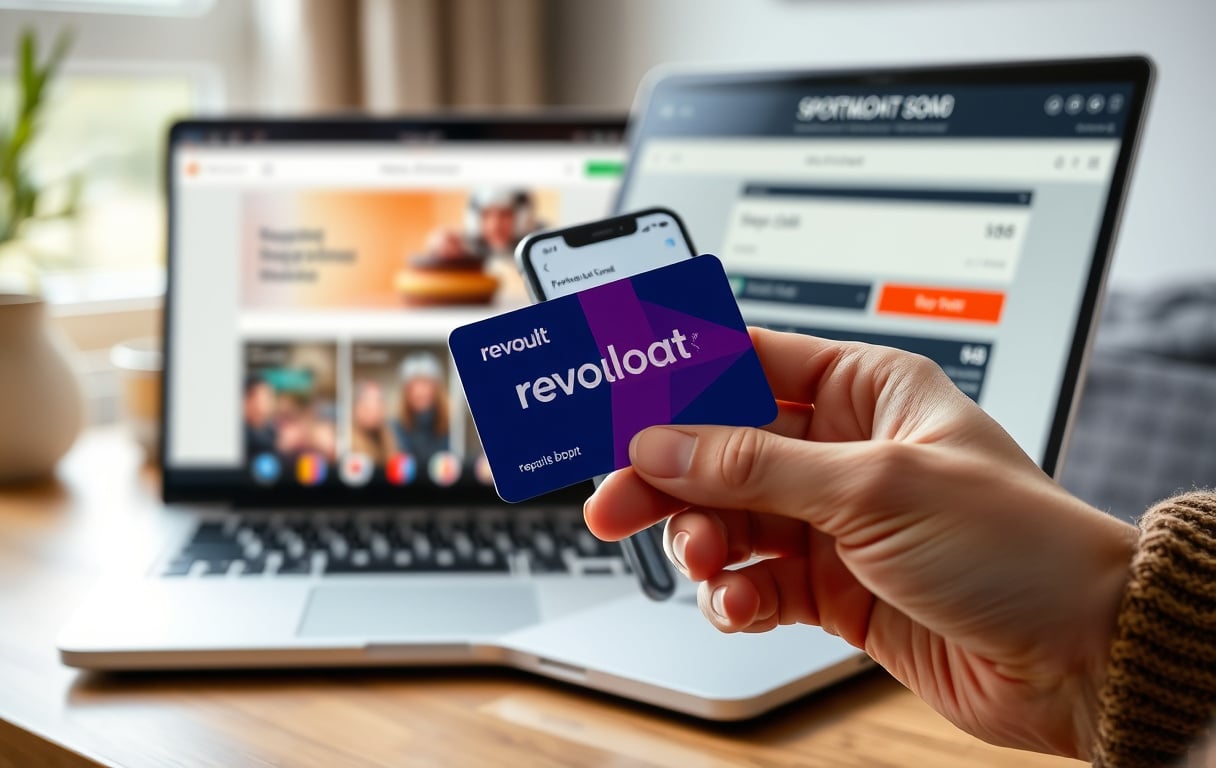 Revolut-kort og mobiltelefon med Revolut-app foran en laptop med bookmakerinnskudd