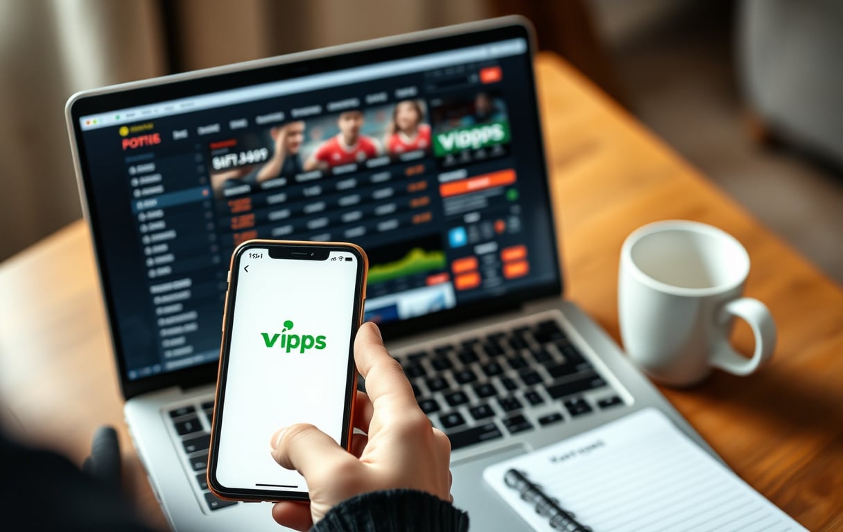 Person med Vipps-app på mobilen foran en bærbar PC med en bettingside