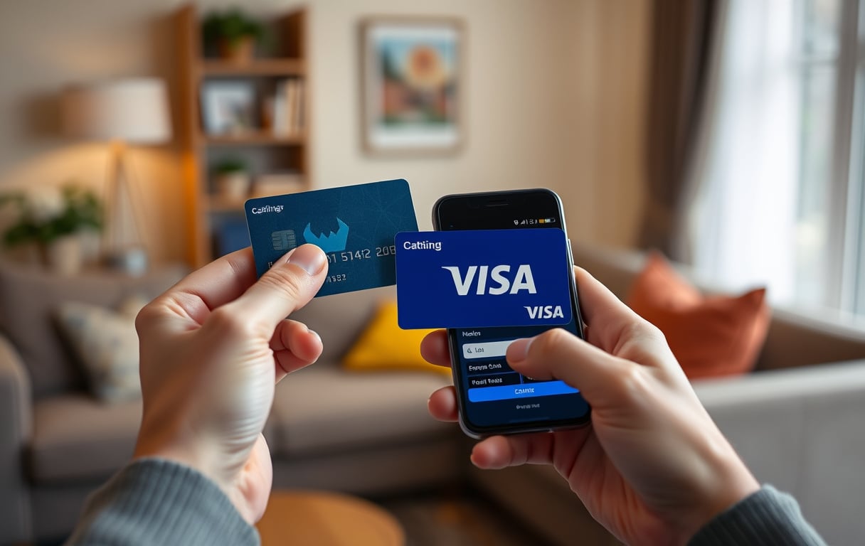 Person med Visa-kort og mobil med bettingside i bakgrunnen