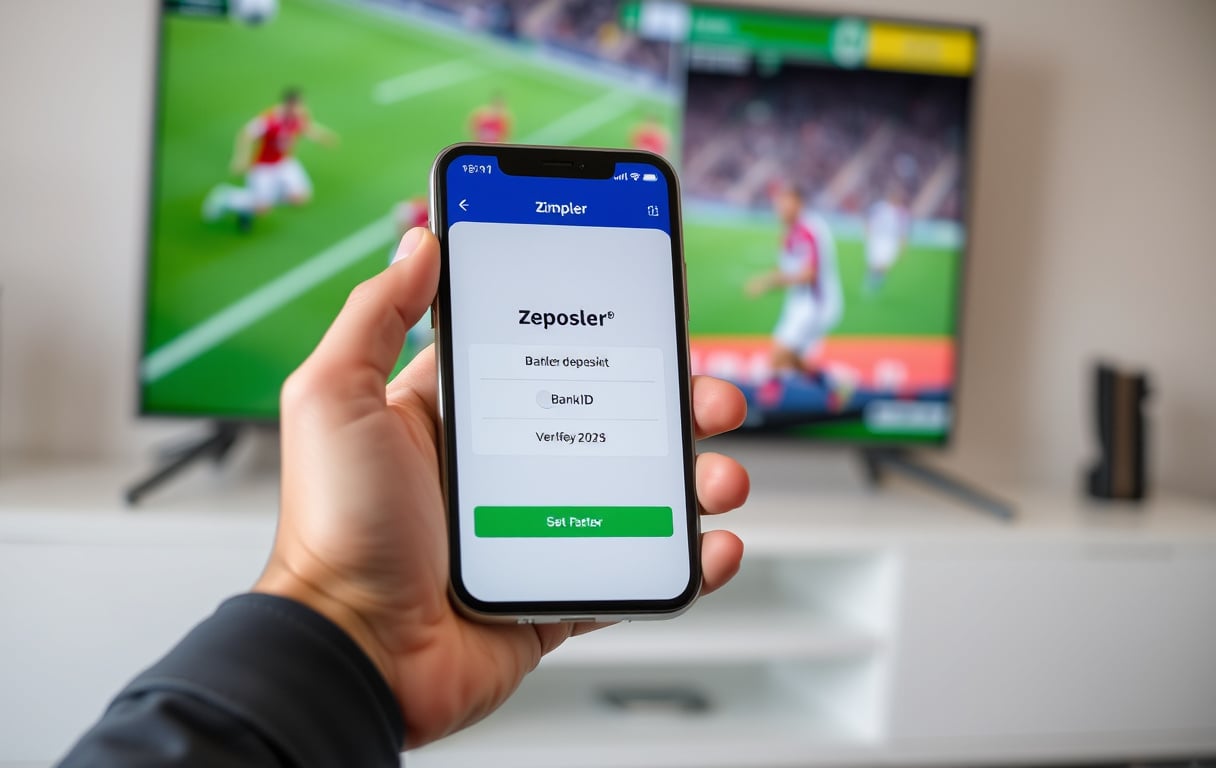 Person som setter inn penger på en bettingside med Zimpler via mobilen, BankID-verifisering synlig.