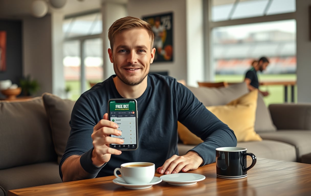 Mann som sjekker gratisspilltilbud på mobilen i stuen