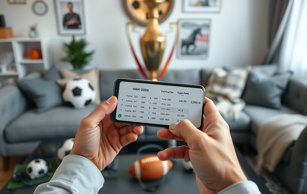 Norsk spiller tjekker oddskonkurranse på mobilen med sportsutstyr og premiepokal i bakgrunnen.