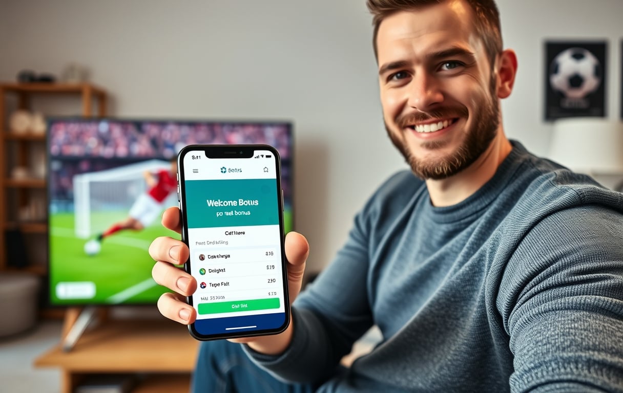 Norsk spiller med mobil som viser velkomstbonus på odds, med fotballkamp på TV i bakgrunnen.