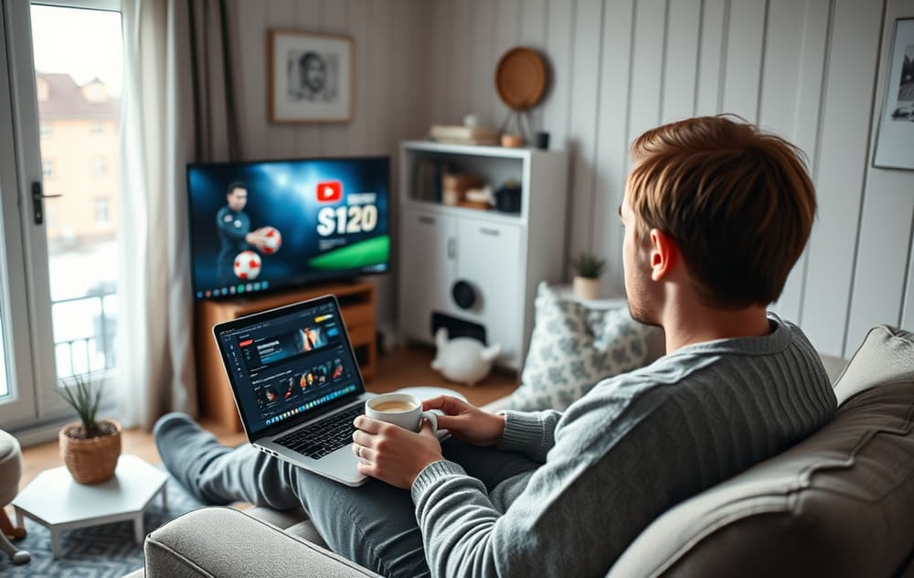 Person i norsk stue som sjekker odds på en lovlig bettingside på laptop