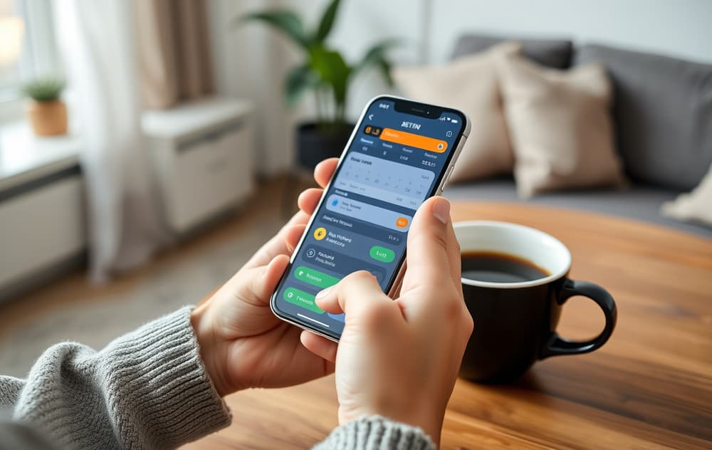 Hånd som holder mobil med en bettingside-app, kaffekopp ved siden av