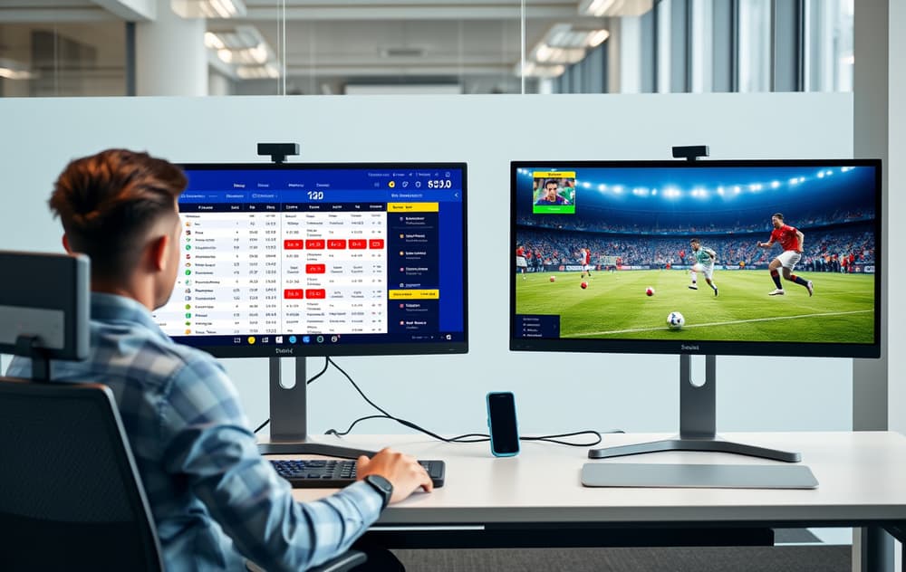 Person foran to skjermer med odds-sammenligning og fotballkamp