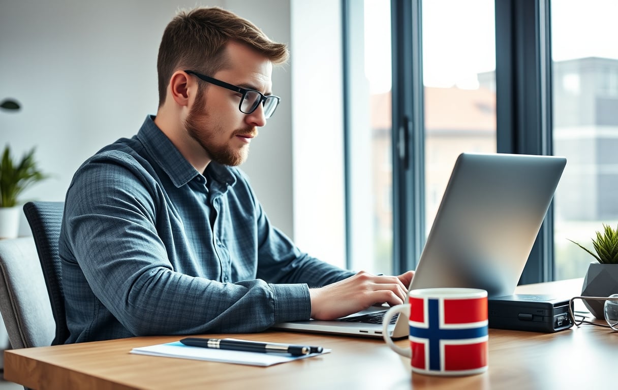 Norsk spiller som sammenligner bettingsider på laptop – fotorealistisk stil.