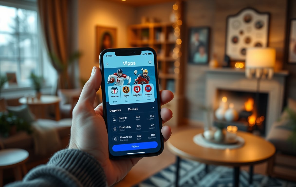 Person som setter inn penger på bettingkonto via Vipps på mobil, med sportssymboler i bakgrunnen