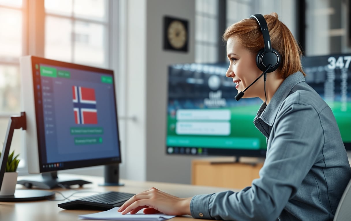 Kundeservice hos en bookmaker med live chat og norsk flagg.