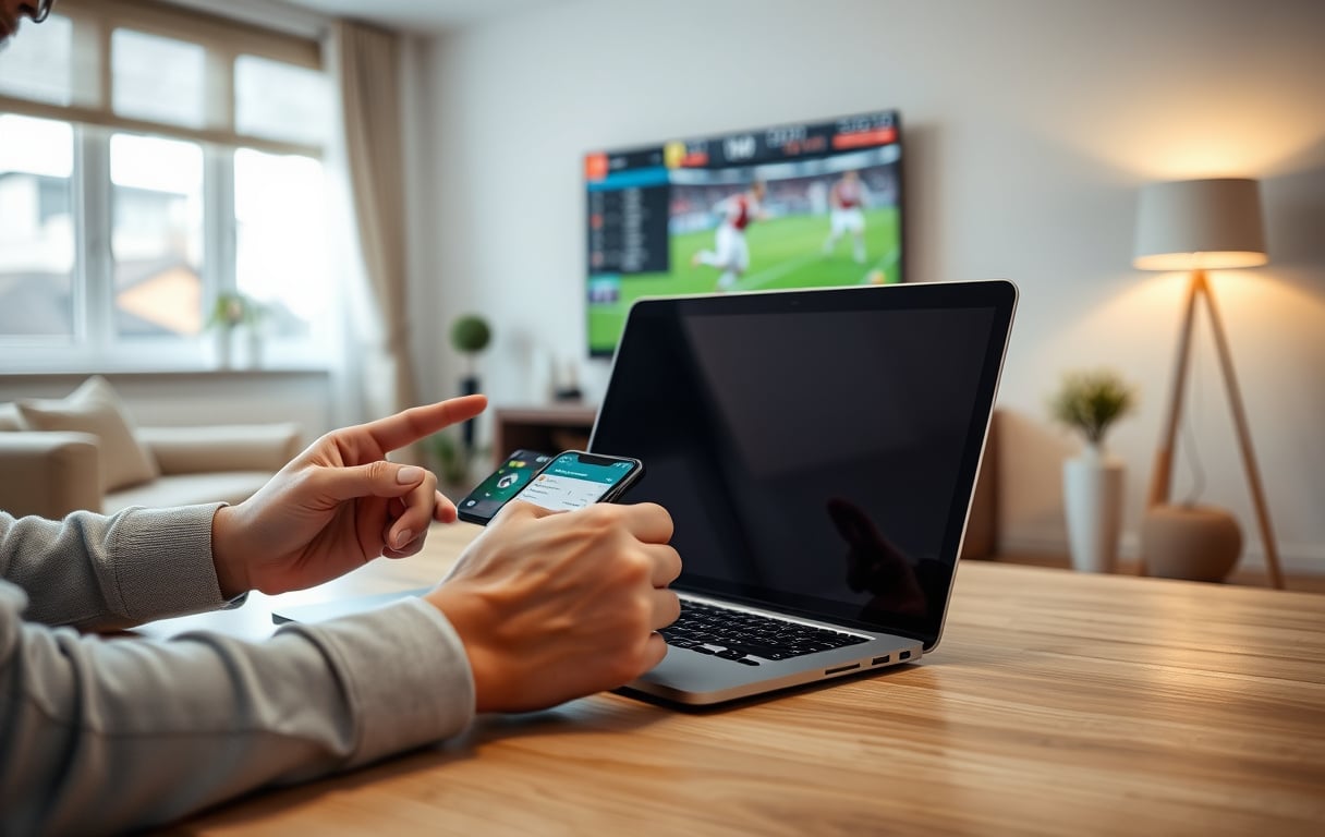 Person som sammenligner odds på datamaskin og mobil, med fotballkamp på TV