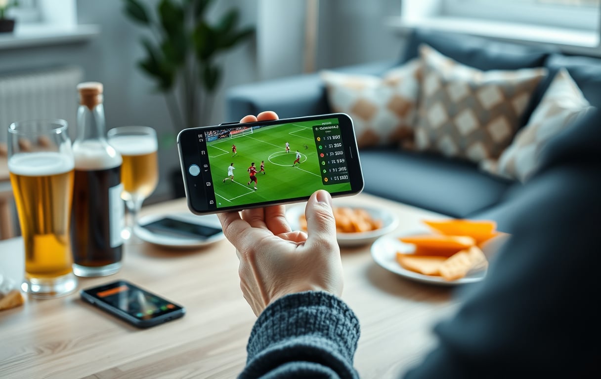 Person med mobiltelefon som viser fotballodds med snacks på bordet