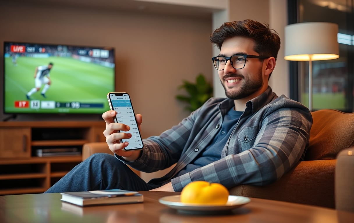En person sjekker odds for fotball på mobilen mens en kamp spilles på TV i bakgrunnen