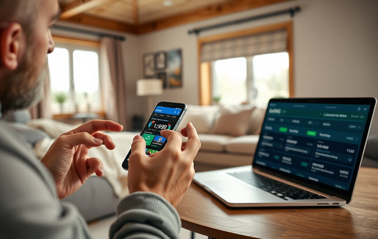 En person som sammenligner bettingapper på mobiltelefon, med en laptop som viser lisensinformasjon og bonusvilkår i bakgrunnen.