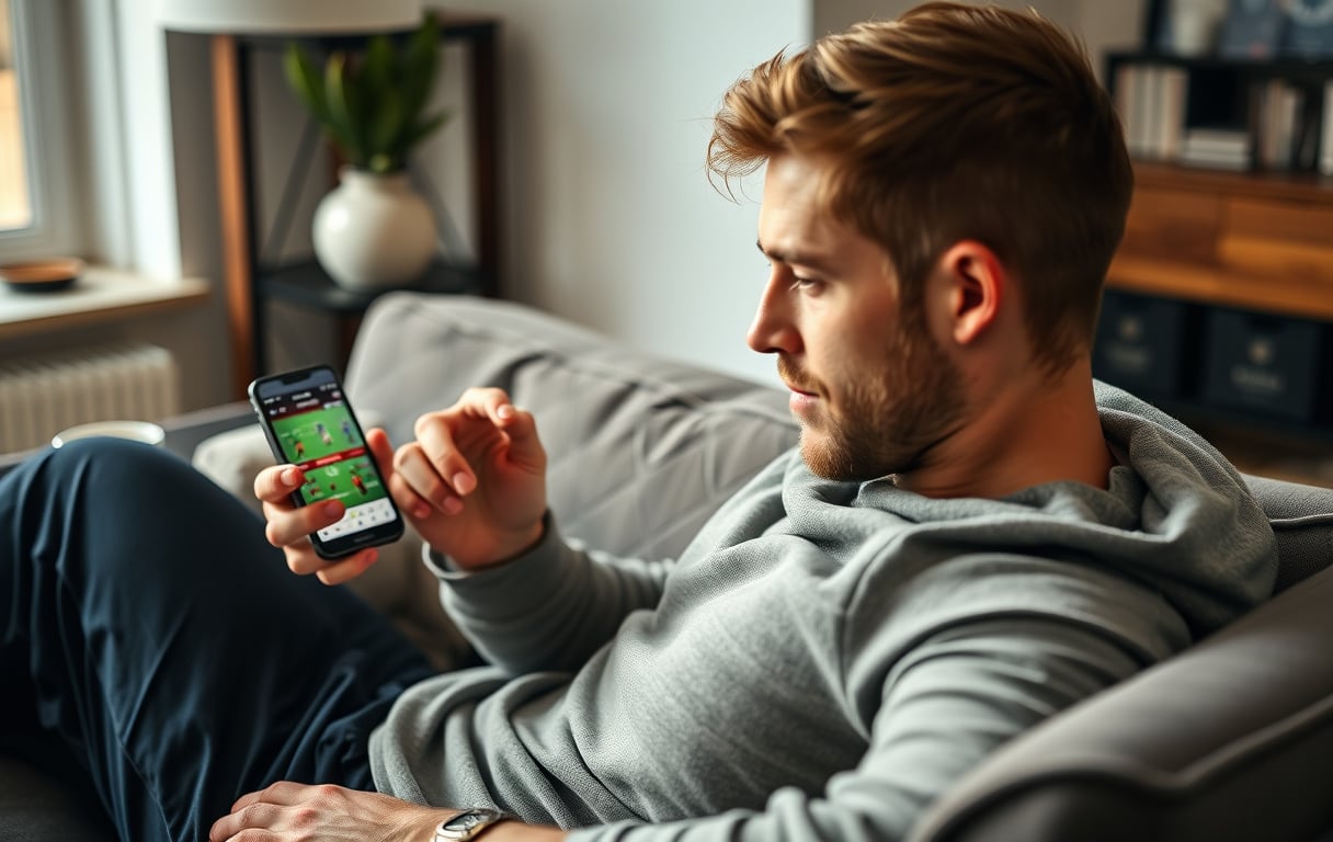 Mann som sjekker odds på mobiltelefon, bettingside med fotballkamp