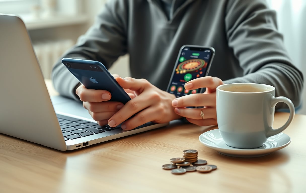 Person med laptop og mobiltelefon ved et skrivebord, med små mynter og kaffekopp – illustrerer casino med lavt innskudd.