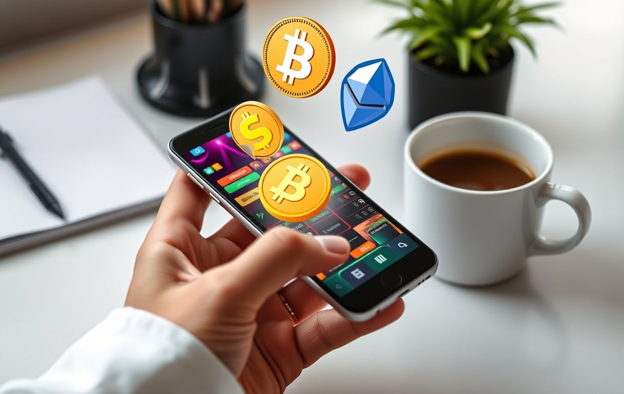 Person som holder en mobiltelefon med et kryptocasino på skjermen, Bitcoin- og Ethereum-symboler svever over telefonen.