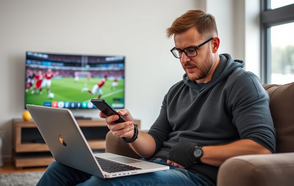Norsk sportsfan som sammenligner fotball odds på mobil og laptop med fotballkamp på TV