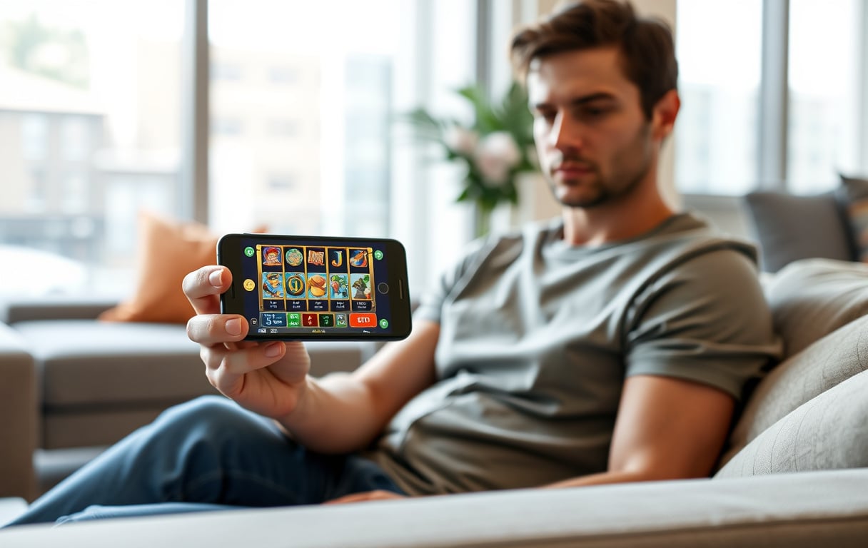 Person som spiller på mobilcasino i stuen