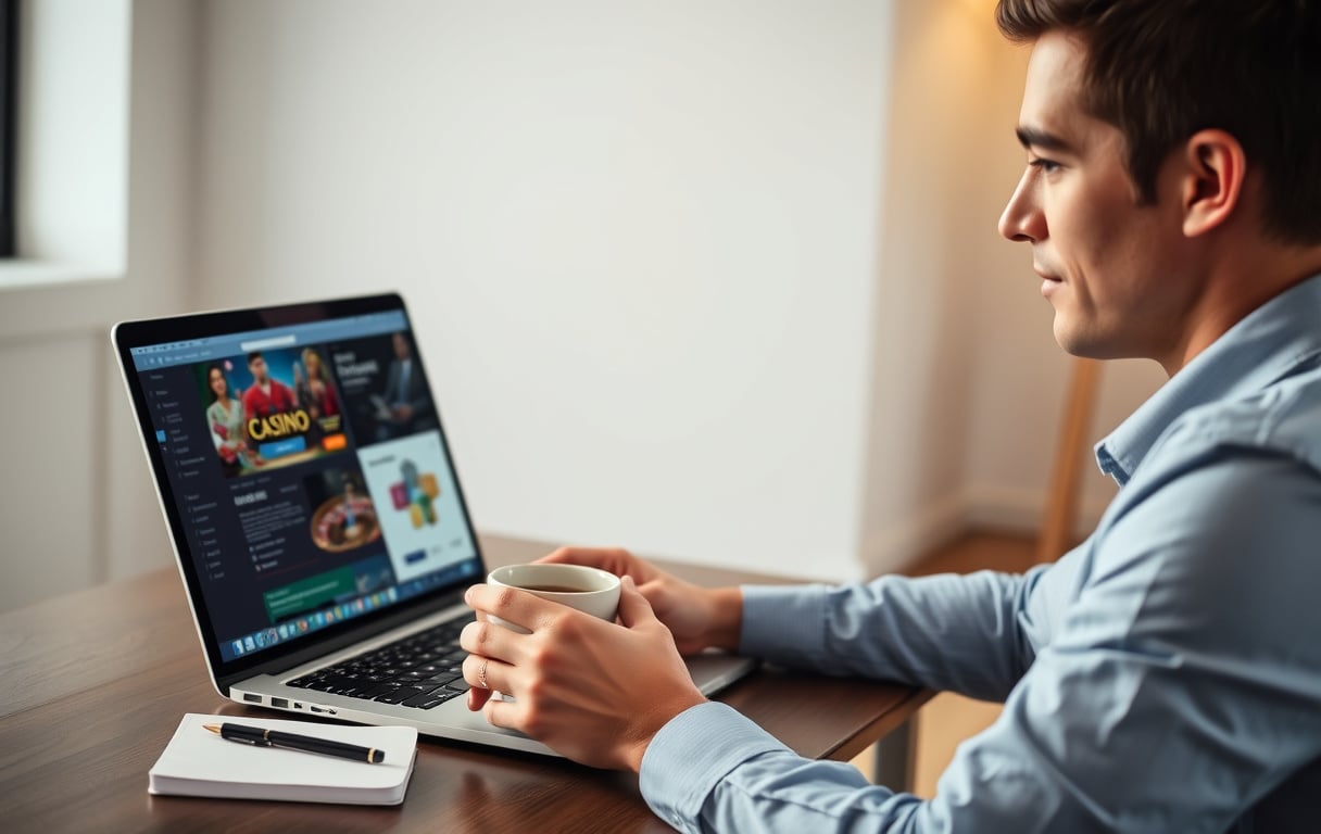 En person som sammenligner nettcasinoer på en bærbar PC, med kaffekopp og notatblokk på skrivebordet.