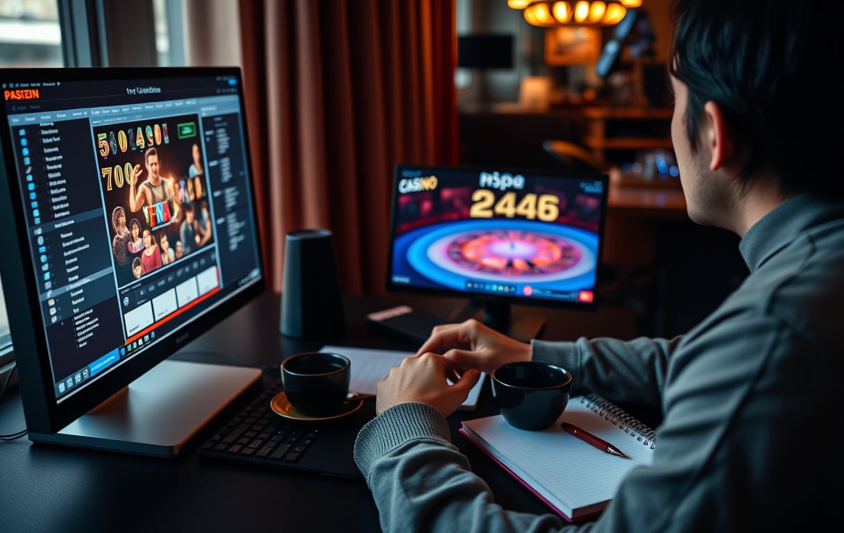 Person som sammenligner casinoer på skjermen med notatbok og kaffe