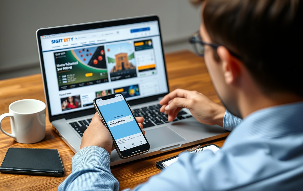 En person som sammenligner bettingsider på laptop og mobil, med kaffekopp og notater.