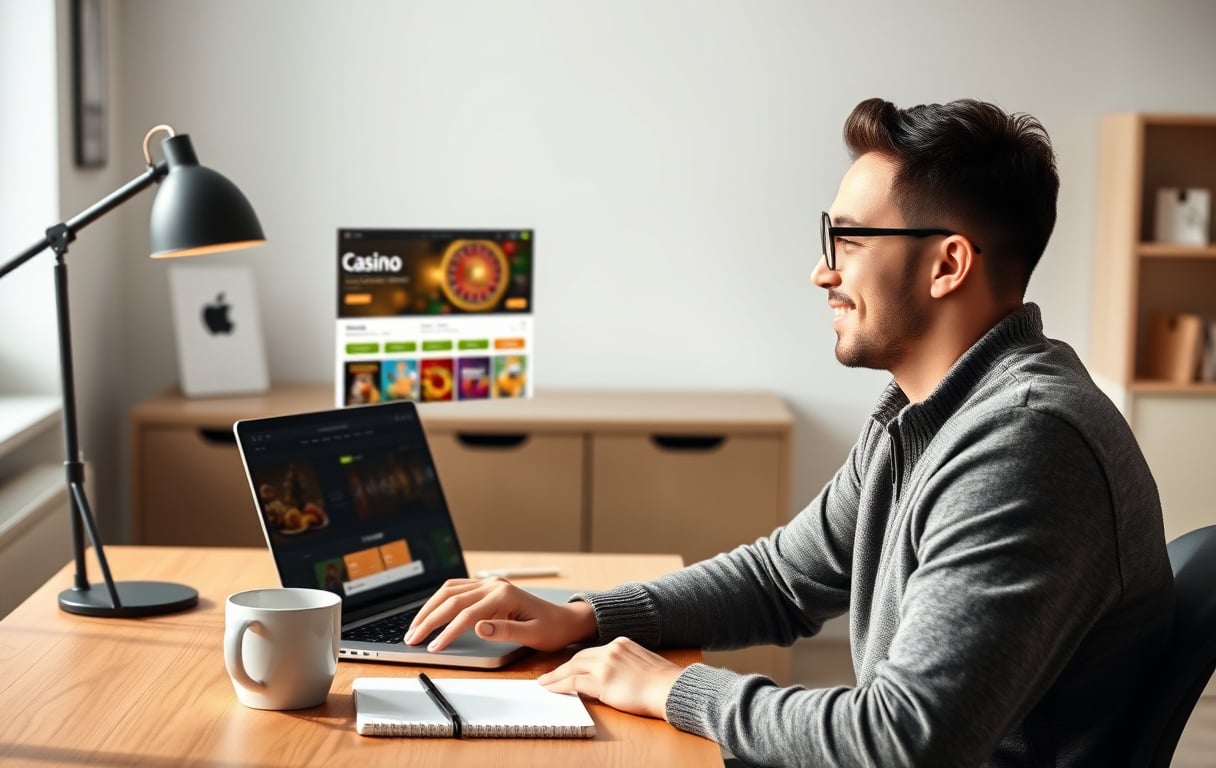 Person som sjekker lisensinformasjon på en trygg casino-side på laptop, i et moderne hjemmekontor.