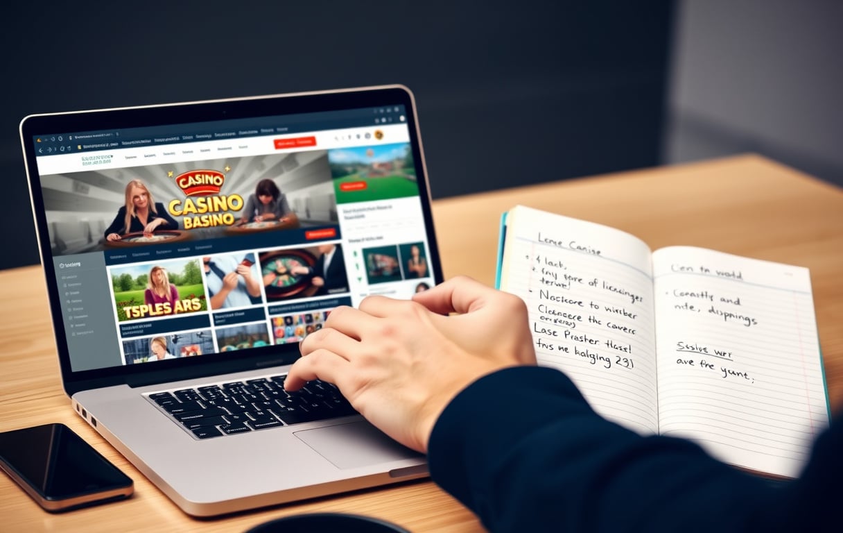 En person som sammenligner casinoer på en laptop, med notater om lisens og bonusvilkår ved siden av.