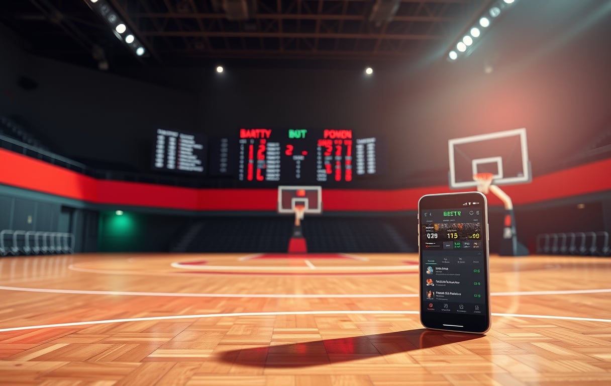 Basketballbane med odds på skjerm og mobil med betting-app