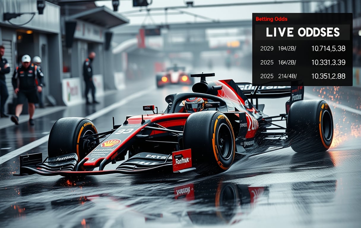 Formel 1-bil på våt bane med odds-overlegg i hjørnet