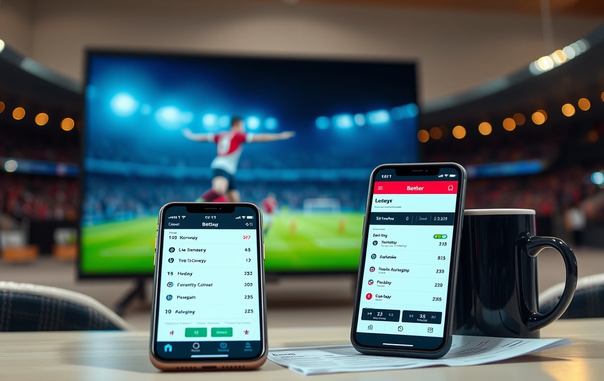 Smarttelefon med fotballodds app foran TV som viser fotballkamp, med kaffekopp og spillkupong.