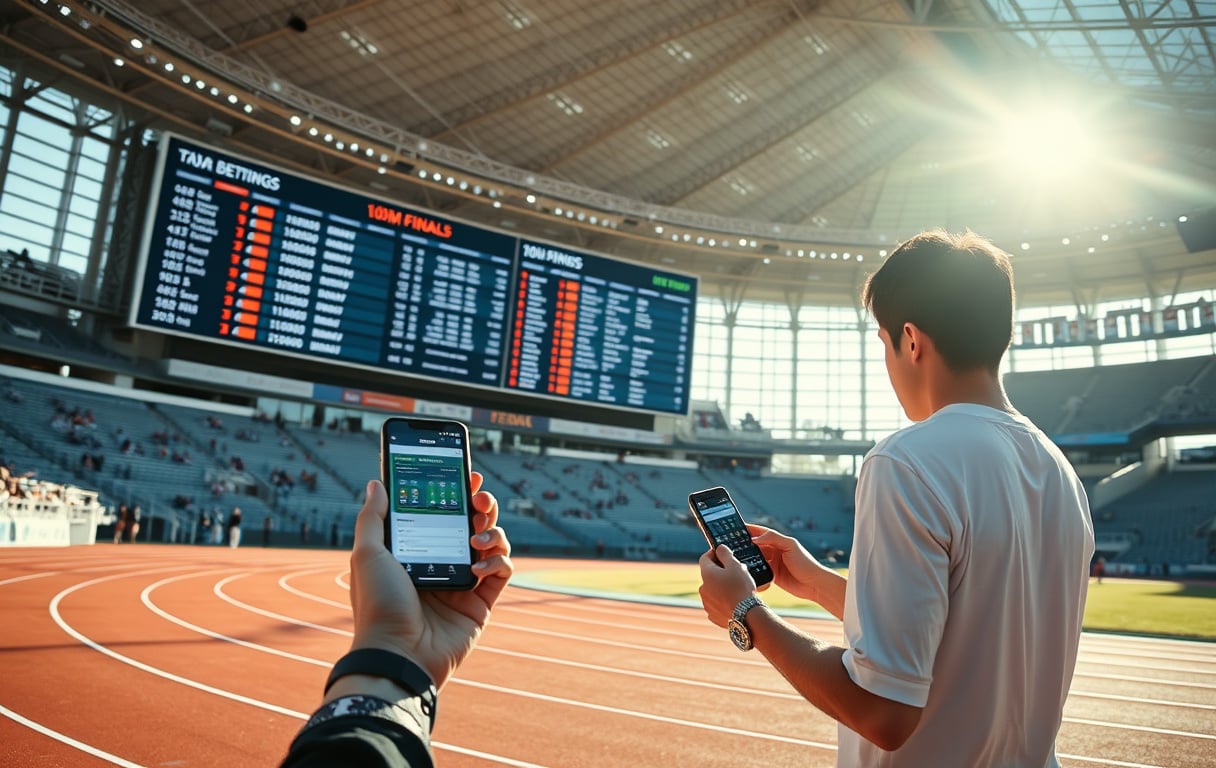 Friidrettsstadion under 100-meter finale med oddstall på storskjerm og en spiller med mobiltelefon.