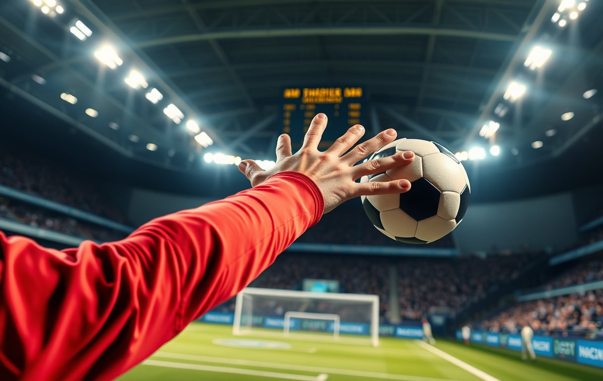 Håndballspiller kaster ballen mot mål med odds og stilling vist i bakgrunnen.