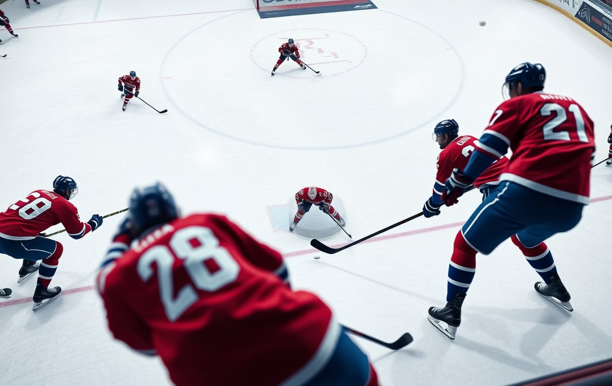 Ishockeykamp med spillere og bettingodds vist i hjørnet